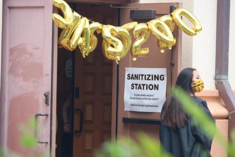 Seniors maintained social distancing as they waited outside the auditorium.
