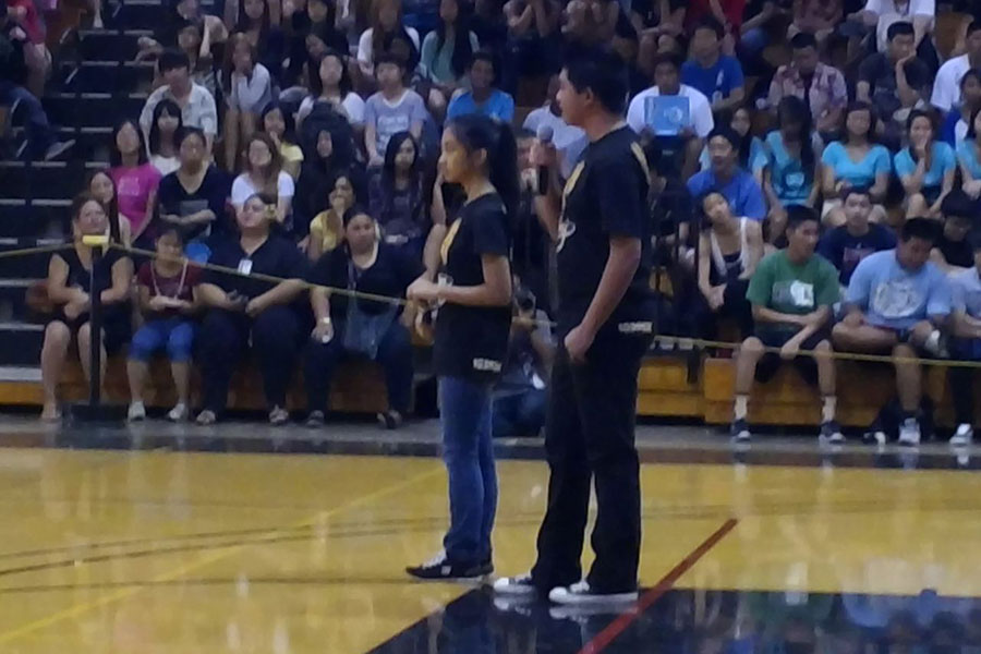 Editors Sean Gleason and Silvana Bautista talk to the student body about The Pinion.