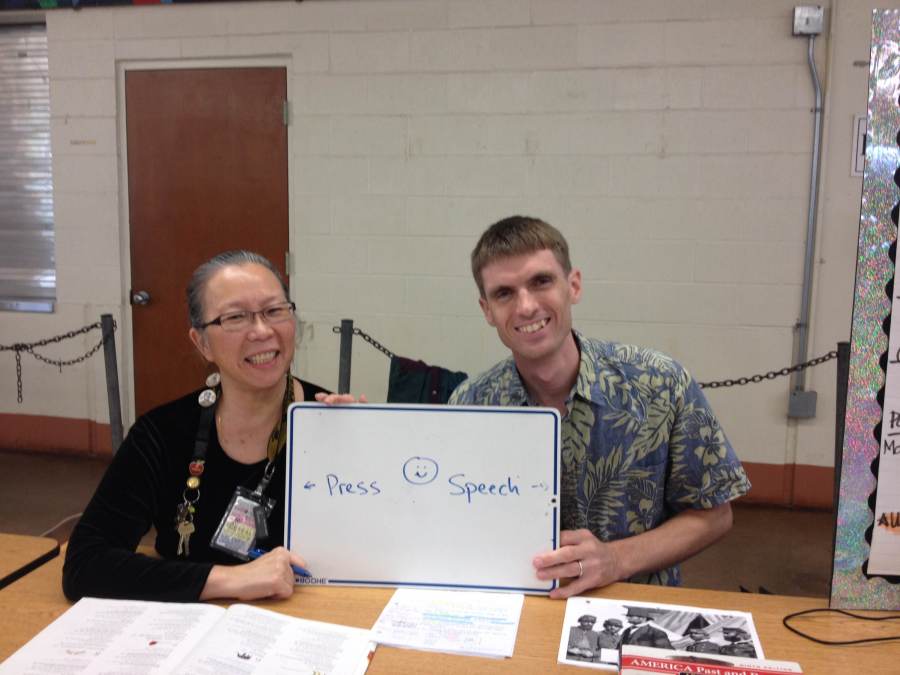 Social Studies teachers Yvette Lam and Jonathan Loomis like the freedoms of press and speech respectively