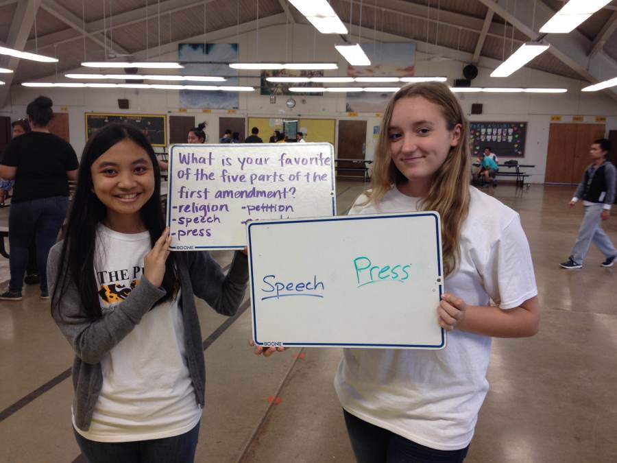Silvana Bautista (12) and Karrina Johnson (9) like the freedoms of speech and press respectively.