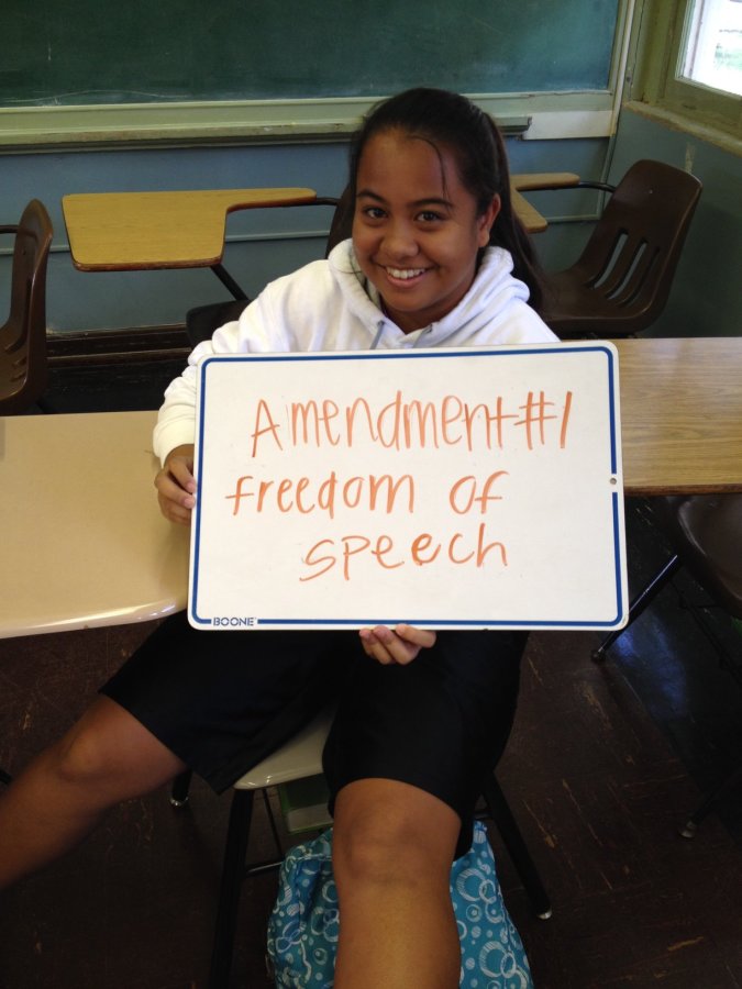 Senior Desiree Ancheta shows her admiration for the First Amendment.