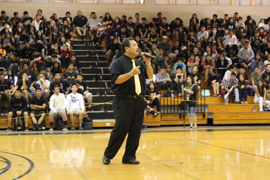 Principle Ron Okamura concludes the Assembly with his speech.