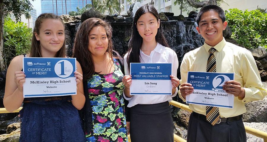 The Pinion website earned first in public school division and second overall at the Hawaii High School Journalism Awards Luncheon. Karrina Johnson, Anela Chavez, Lin Song and Sean Gleason attended the luncheon with adviser Cindy Reves. Lin Song was recognized at The Pinions Most Valuable Staffer.
