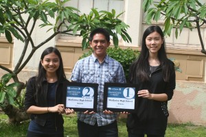 Editors Silvana Bautista, Sean Gleason and Lin Song proudly hold up the first and second place awards The Pinion earned for mhspinion.com