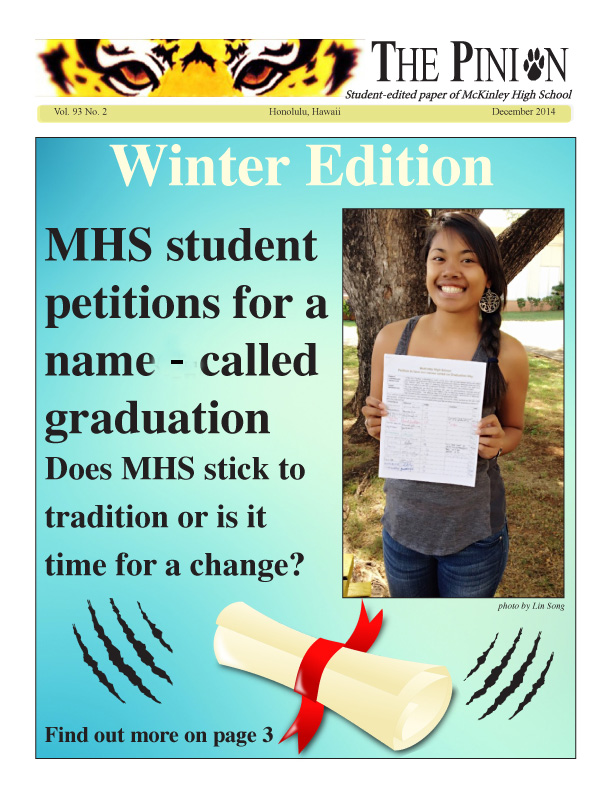Previous issue of The Pinion, from December 2014, that headlined a petition made by Netty Leviticus to change commencement traditions.
