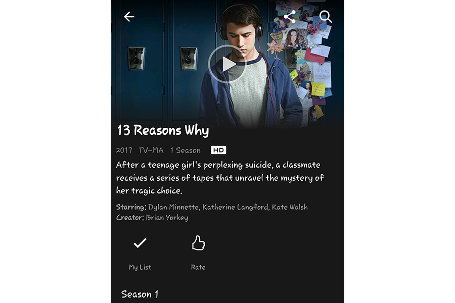 13 Reasons Why is available on Netflix. There are 13 episodes, rep- resenting each of the tapes. The series was also produced by artist/ actress Selena Gomez. Screenshot from Netflix page.