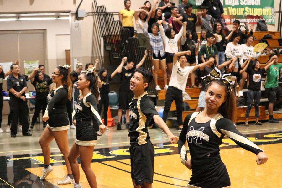 The cheerleaders lead the students in Black and Gold with their routine at one of the assemblies this year. 