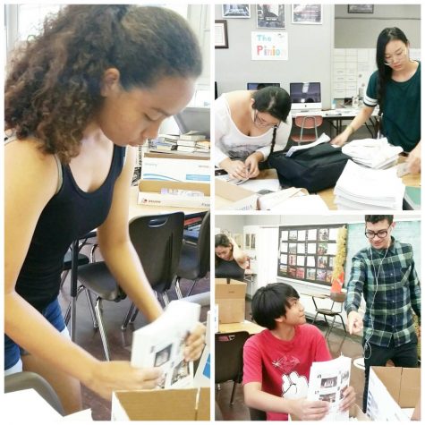 Pinion staffers from 2017 bundle copies of the paper to give out to students and staff.