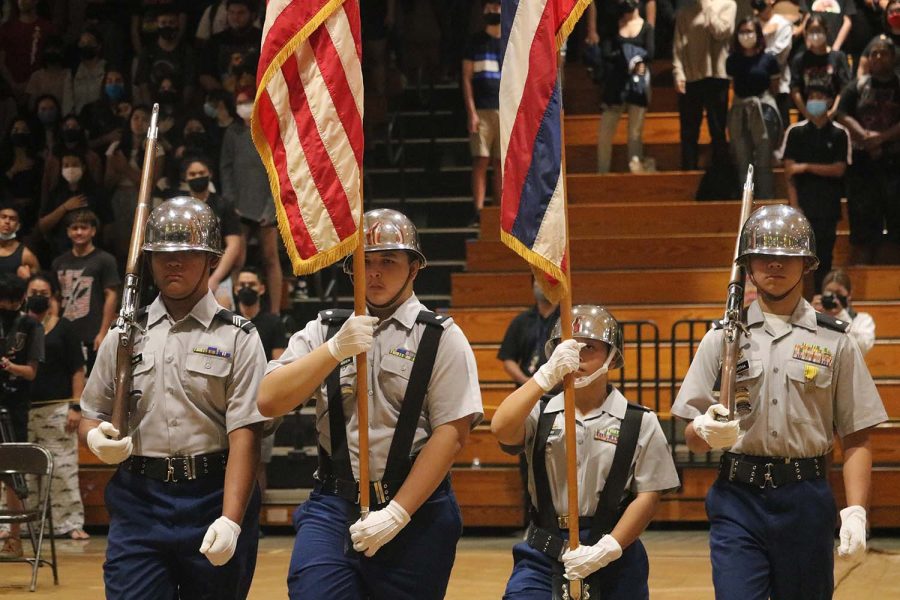 The Tiger Battalion Color Guard present the colors to kick start the assembly.