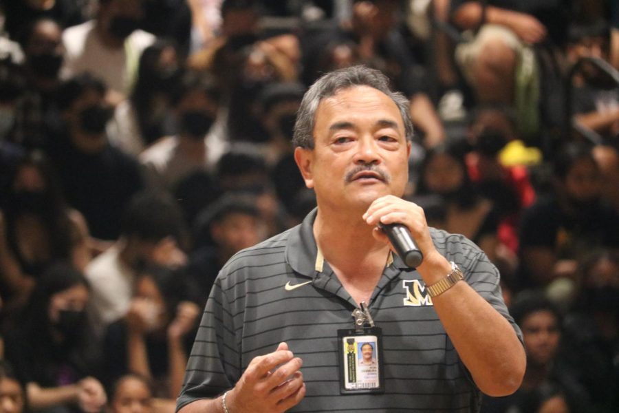 Principal Ron Okumura addresses students at the Welcome Back Assembly. Okamura told The Pinion that managing the school during the pandemic was a daunting task.