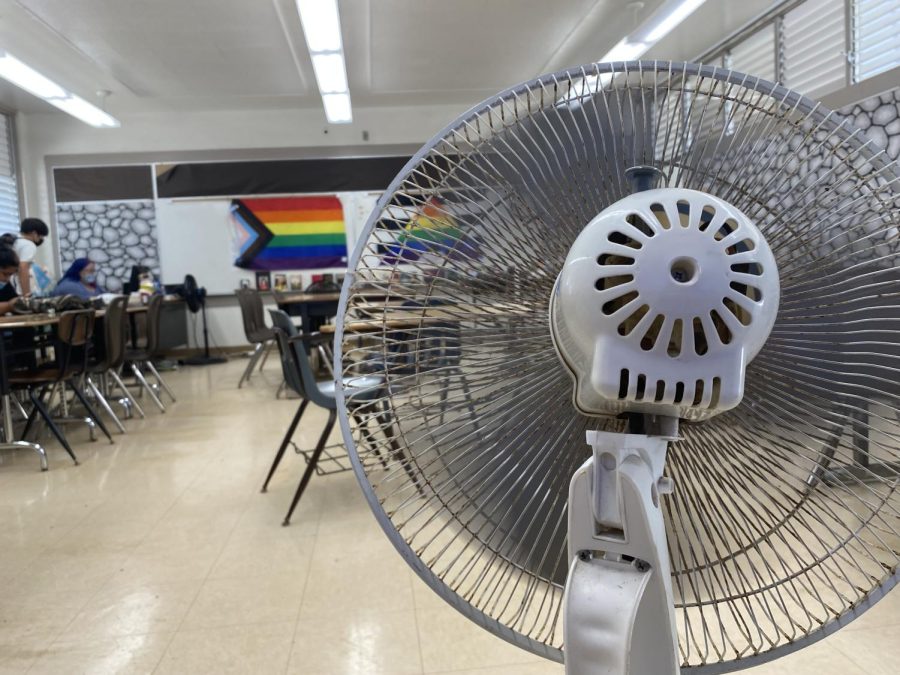 Evon Les classroom F154 is one of many without air-conditioning and is cooled by electric-fans. 