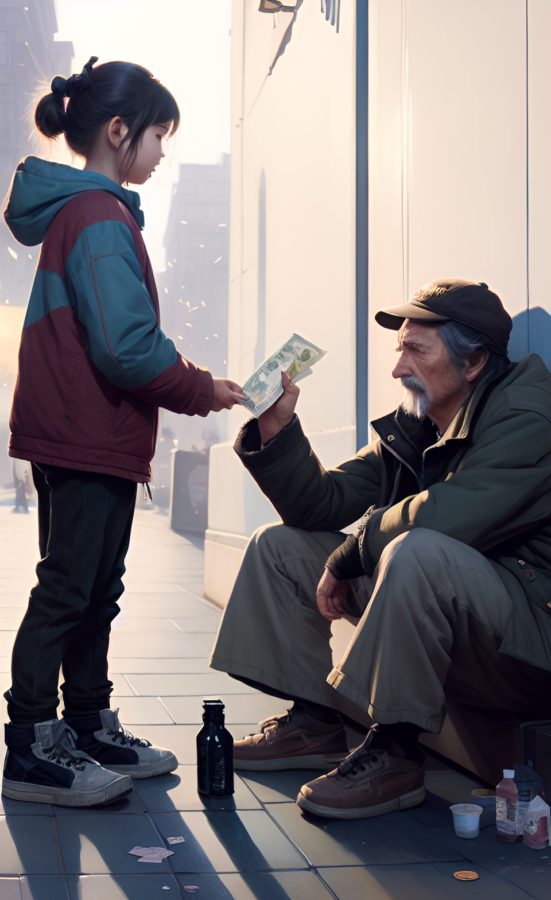 A girl gives money to a homeless person struggling with addiction.

Image generated by WOMBO Dream AI.