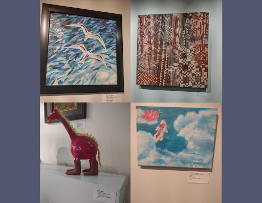 Clockwise from the top left: “Fairy Terns” by Eren Star Padilla, “Moʻokūʻauhau O Mele” by Kaui Chun, “Harmony” by Kristi Auyong, and “That’s the Ticket!” by Jeffrey Ideta. Photos taken by Kristi Auyong. Nhi Nguyen