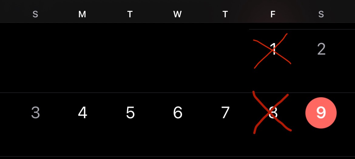 This+screenshot+shows+a+picture+of+the+calender+on+the+IPhone+with+Fridays+crossed+out+to+represent+4+weekdays.