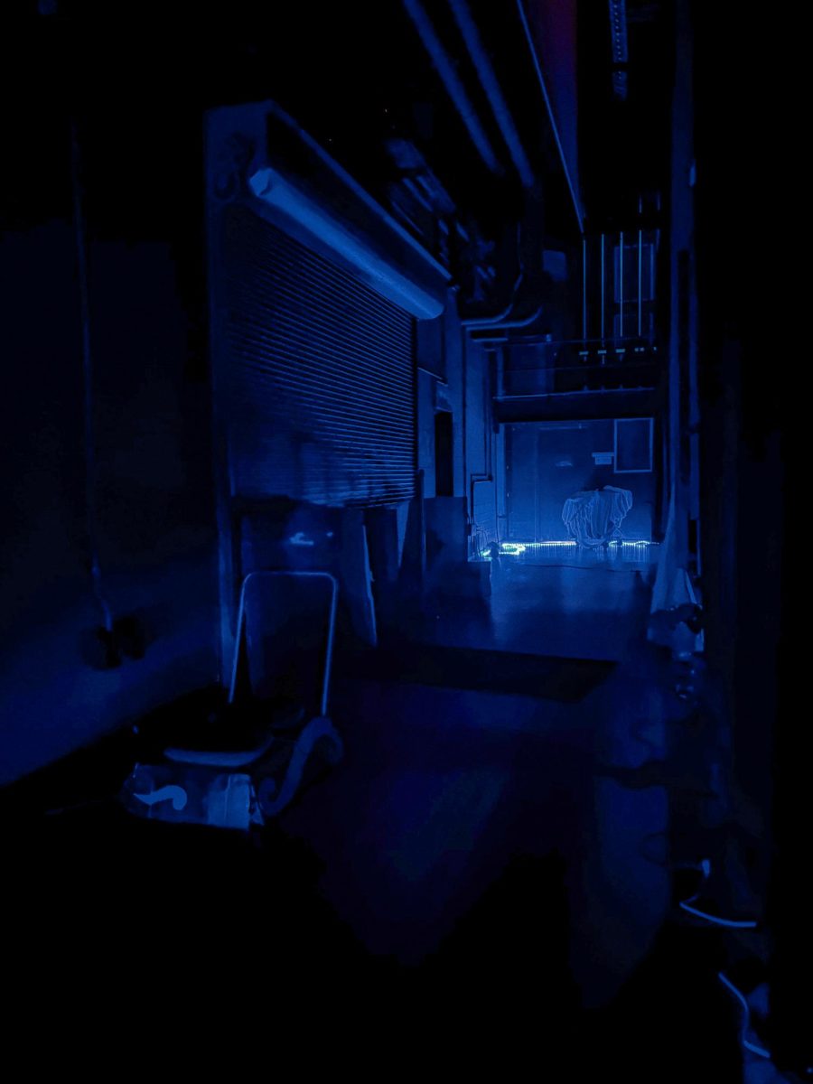 As the show goes on, the lights are off backstage leaving stagecrew in the dark only the light of LED strips guide the way. They use blue lights to contrast the warm lighting of the stage lights. Wearing all black allows stage crew to not be seen.