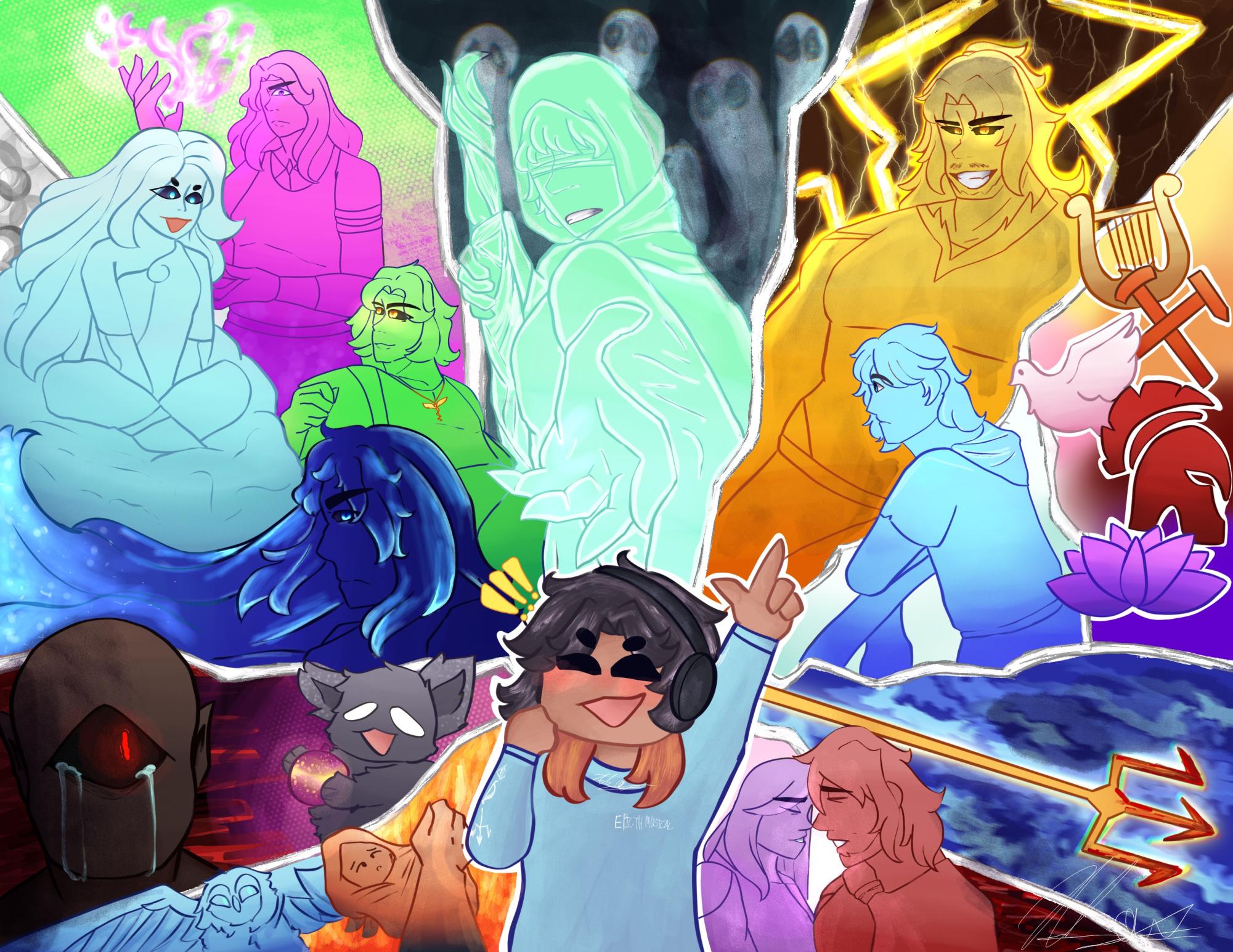 Fan art of Epic: The Musical depicting the Troy, Cyclops, Ocean, Circe, Underworld, Thunder, Wisdom, Vengence and Ithaca sagas (left to right) while also showing major characters from each.
Art by Cheska Orias (c/o 2026).