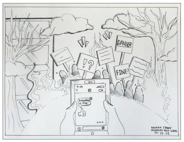 In this editorial cartoon, I argue that we are being controlled by our phones and social media, spreading misinformation,
and also serving as a distraction for us. To do this, I made specific rhetorical choices. One choice is the wage of phones. This choice shows that we are being slaves to it, getting consumed by what we see. This shows that social media controls
people’s perception of what’s around them. Another choice is the message on the phone saying “Everything is fine” as well as the thumbs up right after that text. This uses sarcasm. The phrase “Everything is Fine” displayed on the phone screen is sarcastic, contradicting the reality in the background. Mocking misinformation and the way it can create false reassur- ance. The last choice is the disaster in the background, the fire, protesting, and destruction. This choice illustrates that lots of people can be bared to issues around because of their social media distractions contrasting between reality and the phone screen.