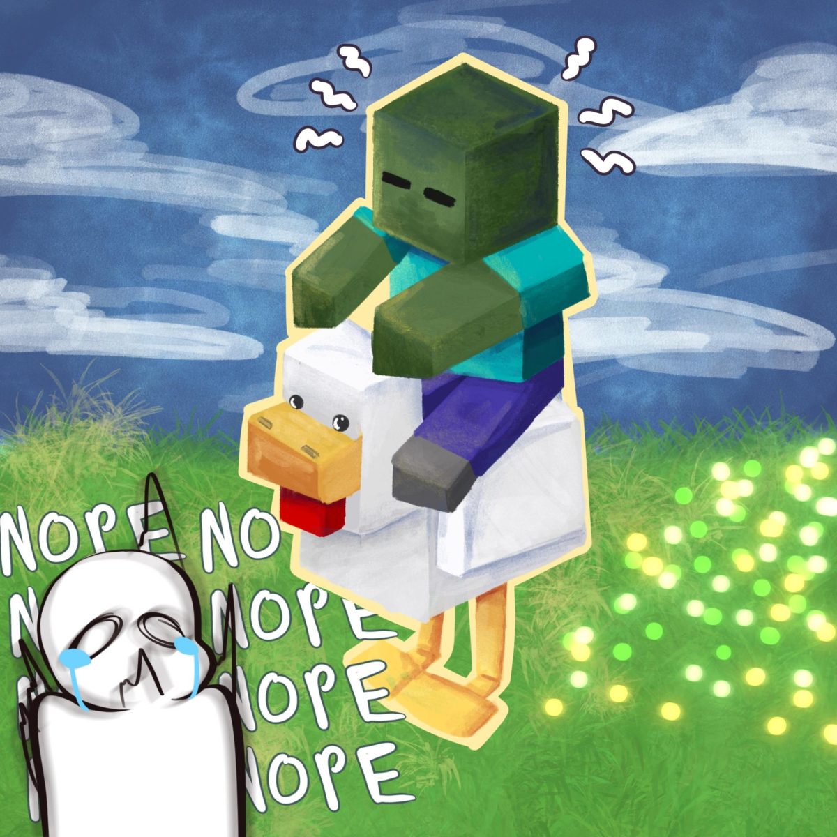 Chicken jockeys in Minecraft are a hostile mob consisting of baby zombies that ride on chickens. They were first added into the game in Nov. 2013, in the 1.7.4 Java Edition update. They are a rare appearance in the game with a 0.25% spawn rate. Despite its small size, the mob can prove quite a chal-
lenge for newer players.