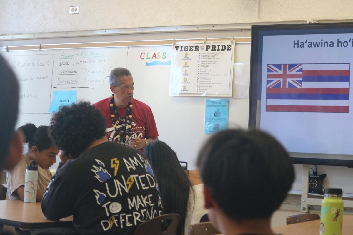Kumu Kuaanaai Lewis teaches Hawaiian class. 