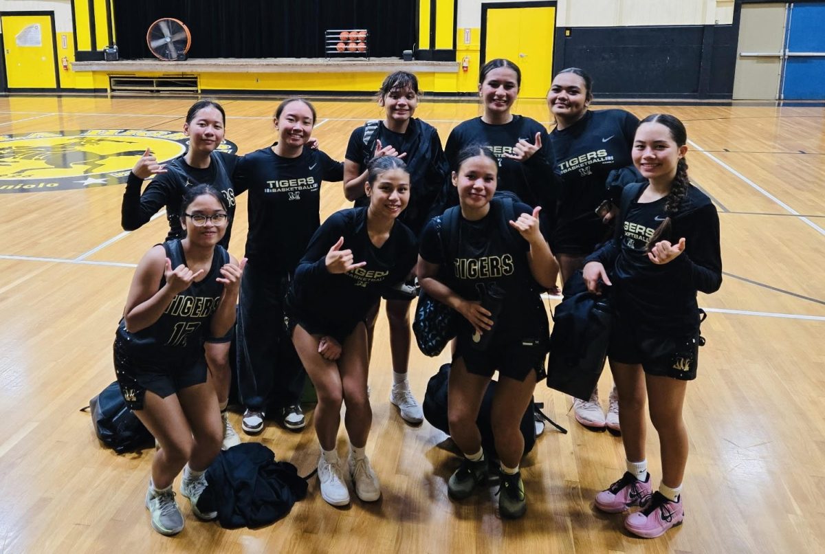 The McKinley High School Girls’ Basketball team after their game with Kohala High School in Kona, proud to represent their school and showcase their teamwork on and off the court. 
From left to right, top: Sherry McMurray ‘26, Kawailoa Cruz ‘26, Mayah Rodriguez ‘26, Keilana Yandall ‘29, Rosa Faaloa-Ieremia ‘27. Bottom, left to right: Nadhine Agustin ‘29, Kainani Reverio ‘26, Luna Russi ‘27, Rose Ganotisi ‘28. Courtesy of Rose Ganotisi.