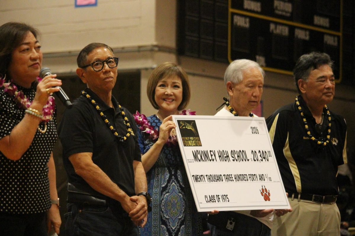 (Left to right) Tertia Freas, Brian Maeshiro, Suzanne Nakano, Craig Fukuda, and Ron Nomura of the Class of 1975 donate $20,340 to put two fans in McKinley’s gym, ten marching band uniforms and two trees to be put in the front lawn.
Photo by Cheska Orias (c/o '26)