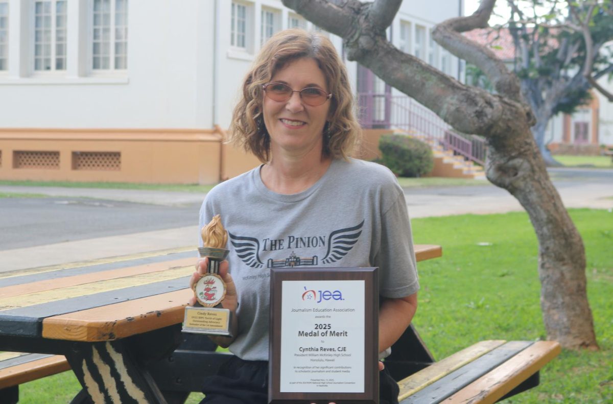 Cynthia Reves displays journalism awards recognizing her contributions to scholastic journalism. Photo by: Rose Ganotisi (c/o '28) 