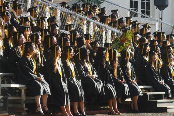 Graduating seniors sit on the bleachers as the band plays "I'll Always Remember You" by Hannah Montana. Photo by Nhi Nguyen (c/o '27)